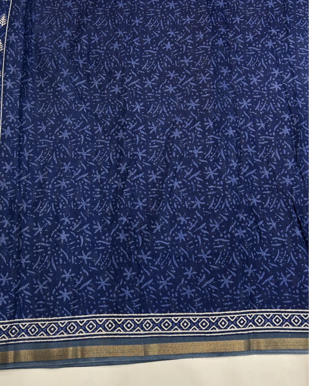 Blue Colour Mal Cotton Indigo Printed Saree with Contrast Border