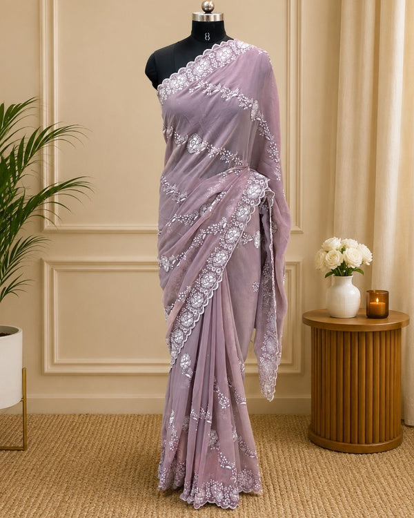 Dusty Pink Colour Shimmer Georgette Saree with Embroidery Work
