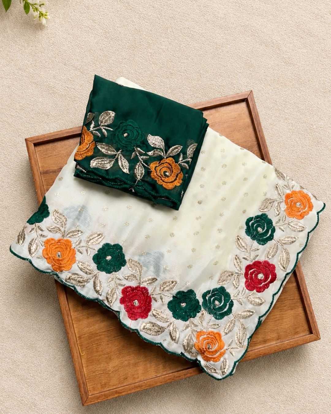 Off-White Colour Floral Embroidered Saree with Contrast Blouse