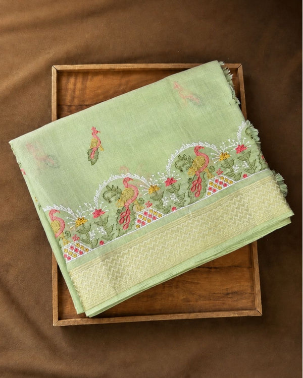 Pista Peacock Embroidery Cotton Saree