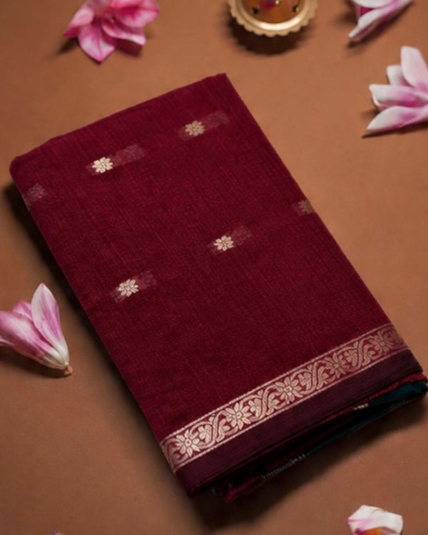 Maroon Colour Maheshwari Cotton Saree with Contrast Blouse