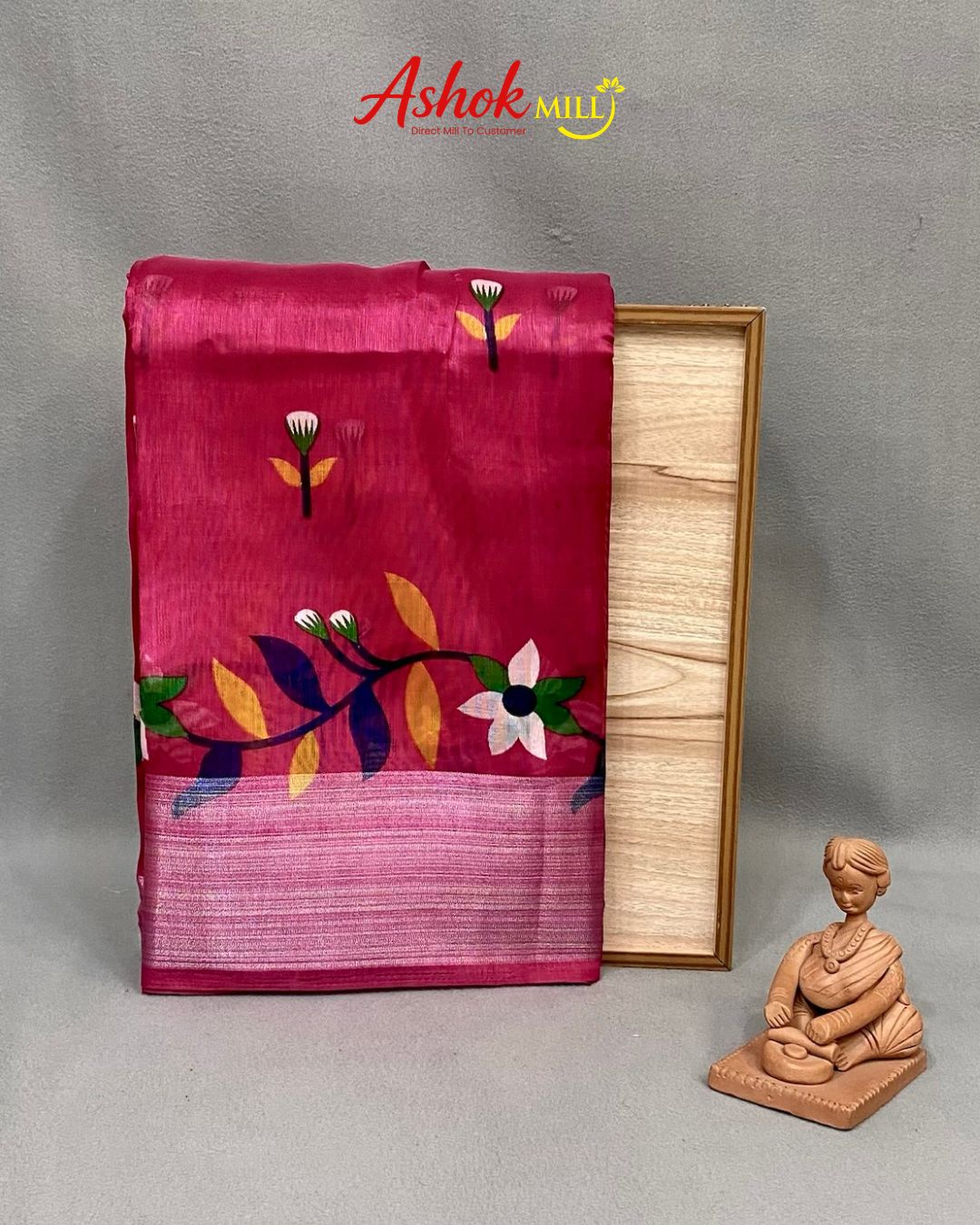Dark Pink Colour Cotton-Blend Floral Printed Saree