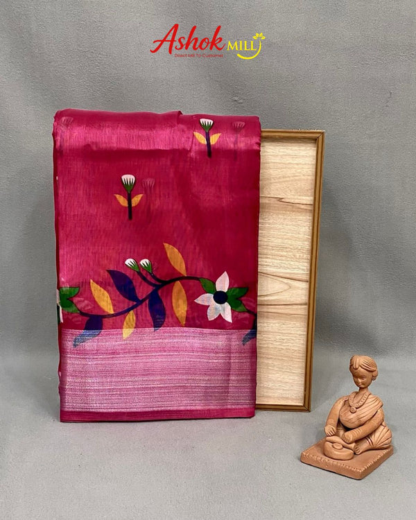 Dark Pink Colour Cotton-Blend Floral Printed Saree