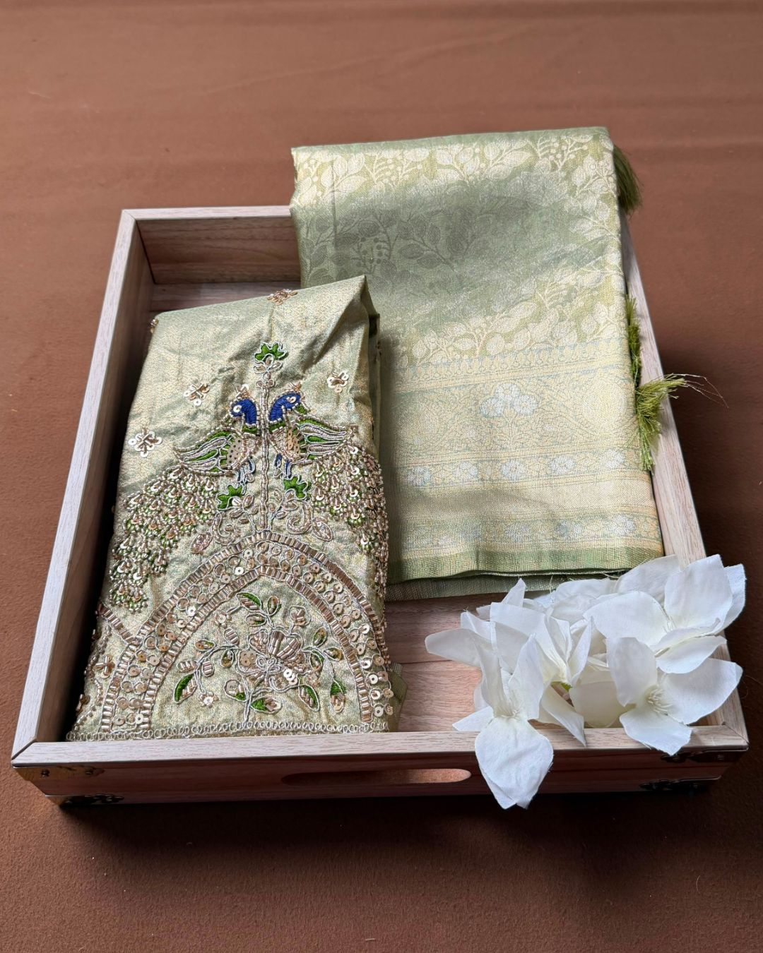Sage Green  Colour Aari Work Blouse Tissue Silk Saree