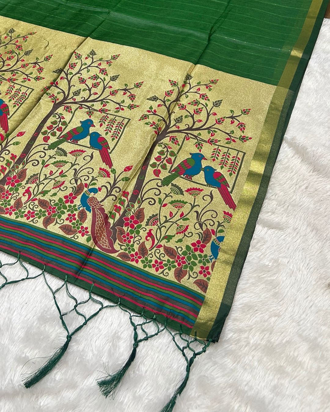 Forest Green  Colour Cotton Jamdani Saree with Sequin Work
