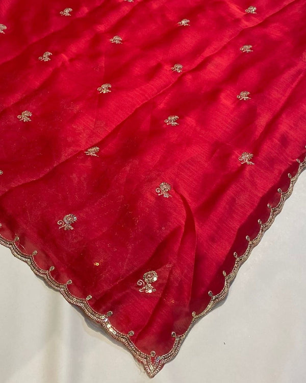 Red Colour Fandy Silk Saree with Cut Work Border