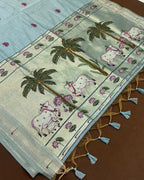 Aqua Blue Colour Thread work Cotton Saree