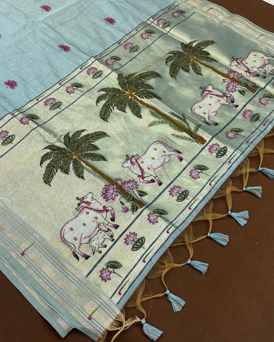 Aqua Blue Colour Thread work Cotton Saree