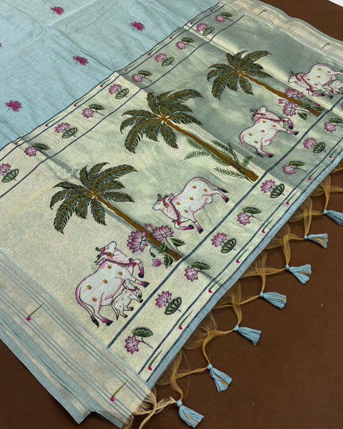 Aqua Blue Colour Thread work Cotton Saree
