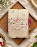 Golden Beige Tissue Cotton Saree with Elegant Pink Floral Thread Embroidery