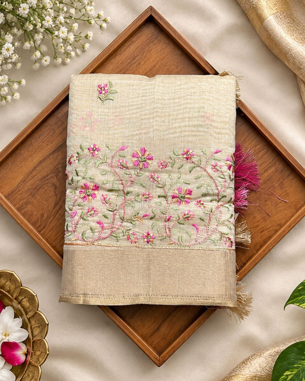 Golden Beige Tissue Cotton Saree with Elegant Pink Floral Thread Embroidery