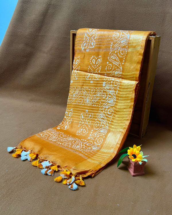 Mustard Yellow Colour Cotton Bandhani Printed Saree