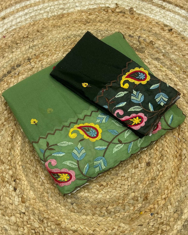 Olive Green Colour Shimmer Georgette Thread Work Saree