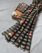Black Colour Floral Golden Zari Border Saree