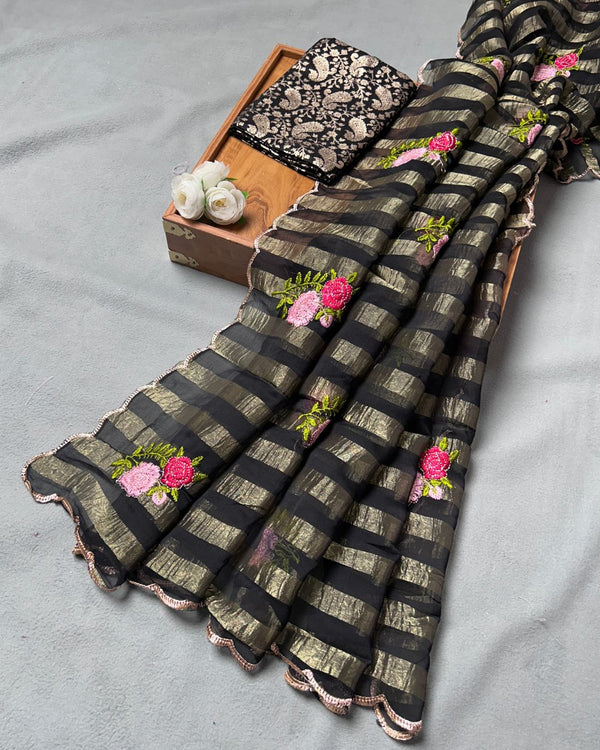 Black Colour Floral Golden Zari Border Saree