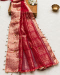 Maroon colour Designer Organza Silk Saree with Bead Tassels & Gungroo