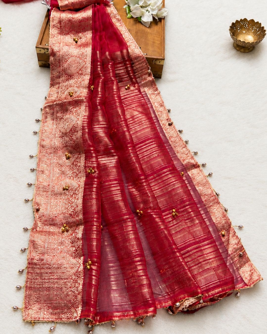 Maroon colour Designer Organza Silk Saree with Bead Tassels & Gungroo