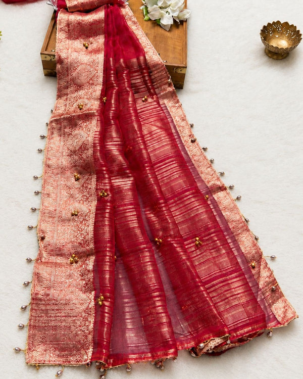 Maroon colour Designer Organza Silk Saree with Bead Tassels & Gungroo