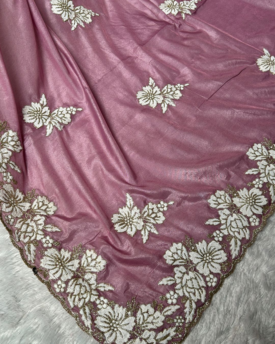 Dusty Pink Colour Shimmer Saree with Heavy Floral Embroidery Border