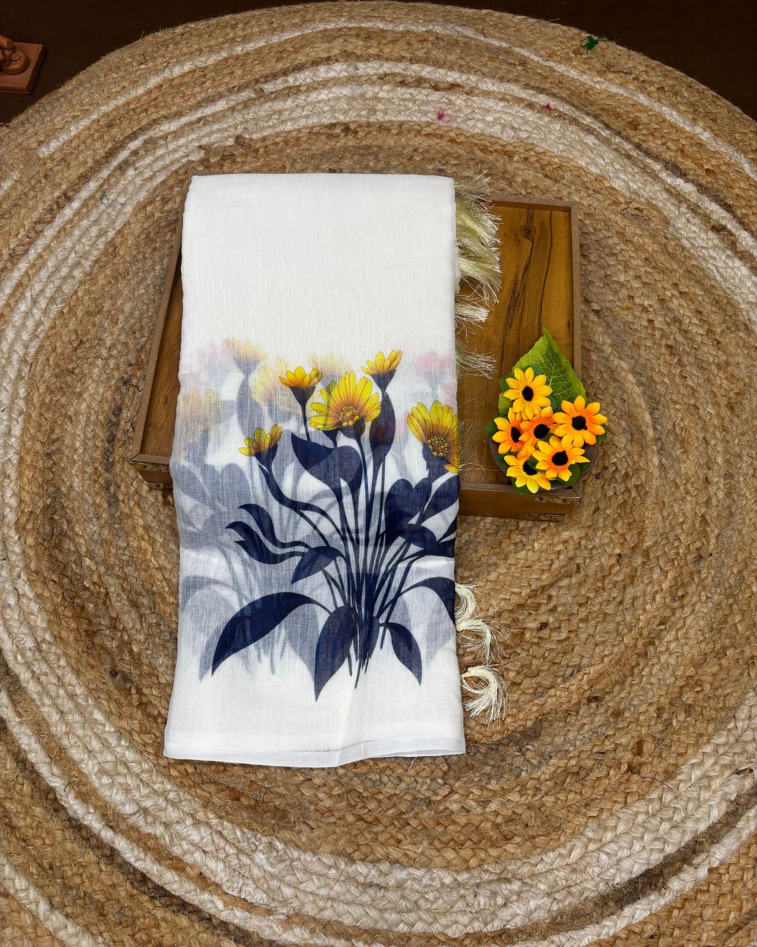 White Colour Linen Floral Cotton Saree
