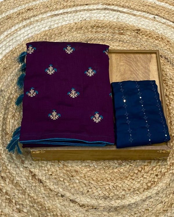 Dark Wine Colour Vichitra Silk Saree with Contrast Blouse Piece