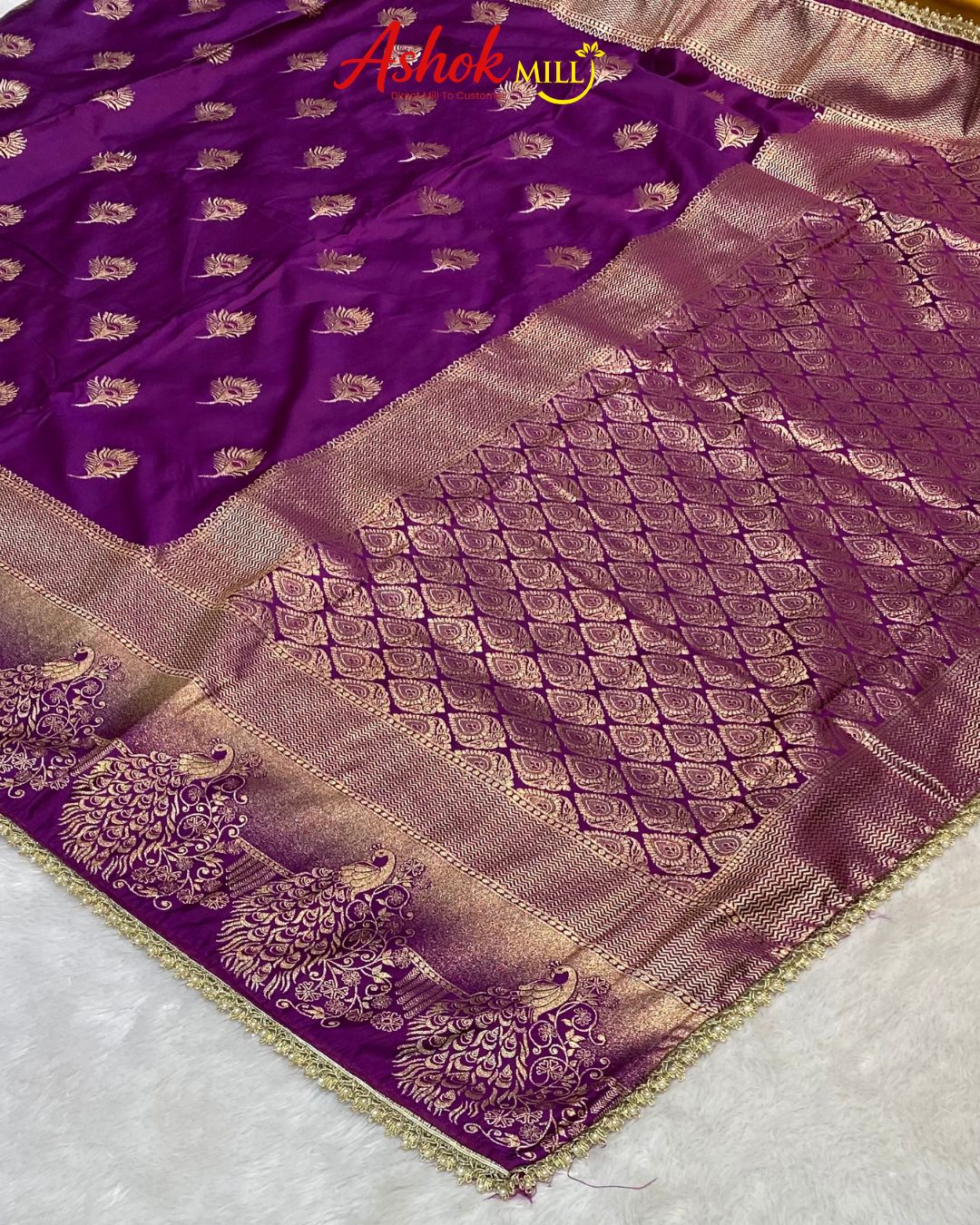 Magenta Colour Soft Satin Silk Saree With Moti Border