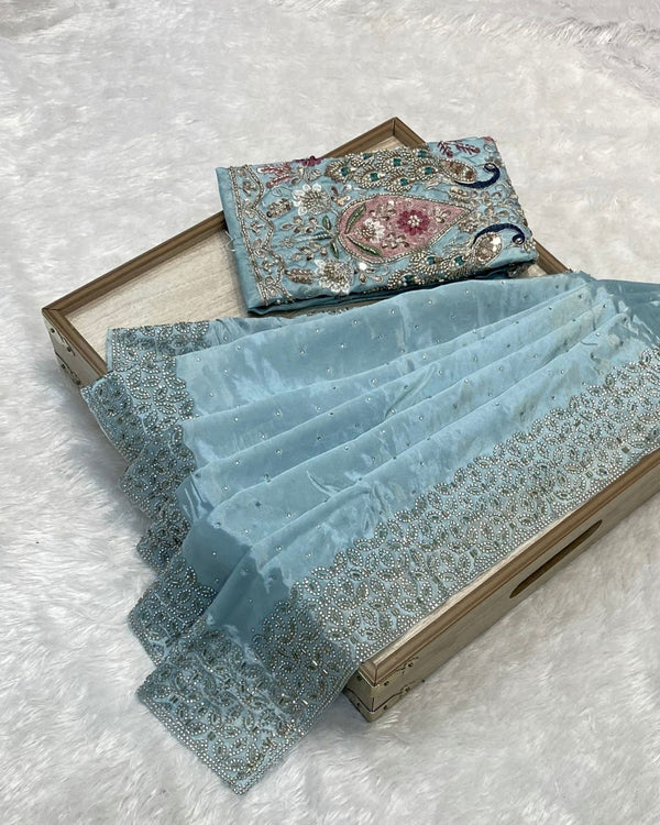 Sky Blue Colour Chinnon Silk Saree With Heavy work Blouse Piece