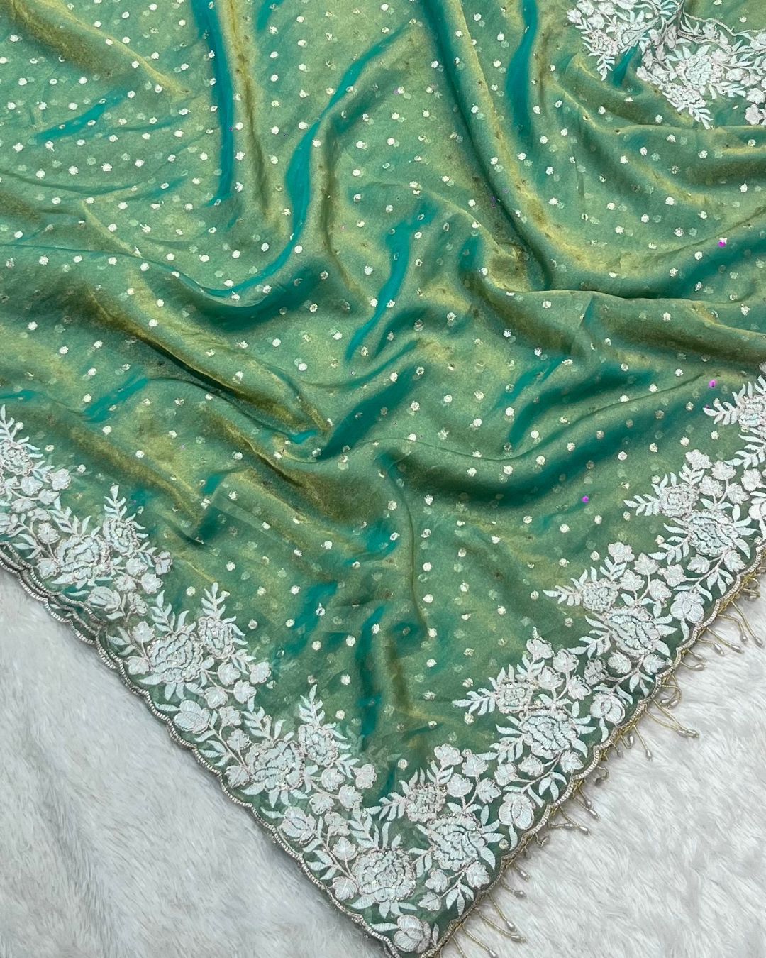 Sea Green Colour Shimmer Fandy Saree