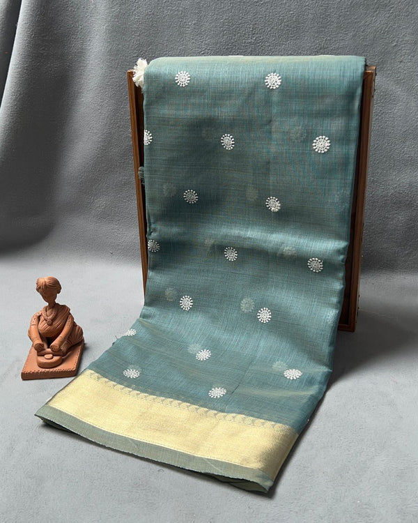 Slate Blue Saree with Butti Work & Golden Zari Border