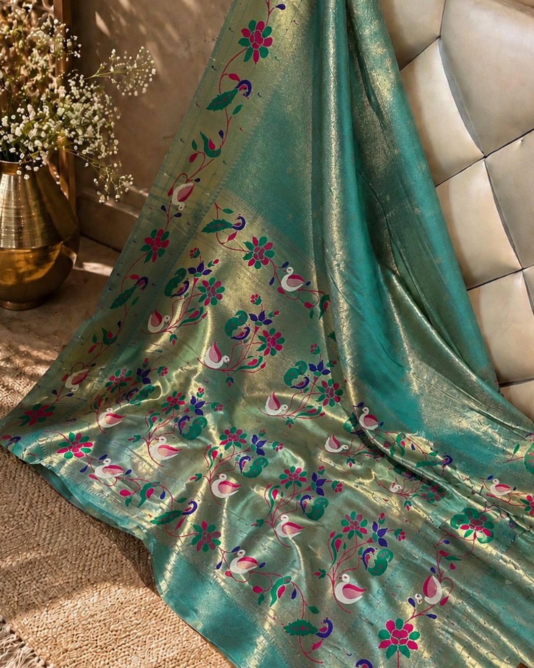Teal Green Colour Shimmer Bamboo Tissue Silk Saree