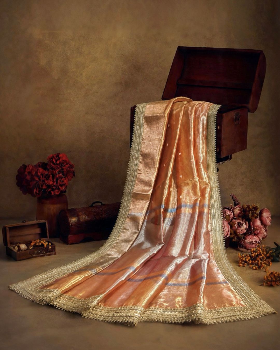Golden Orange Colour Tissue Silk Saree