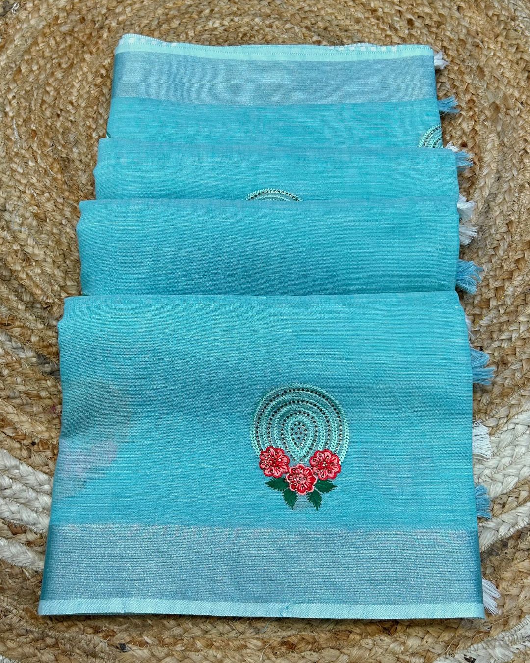 Aqua Sky Blue Colour Linen Cotton Saree