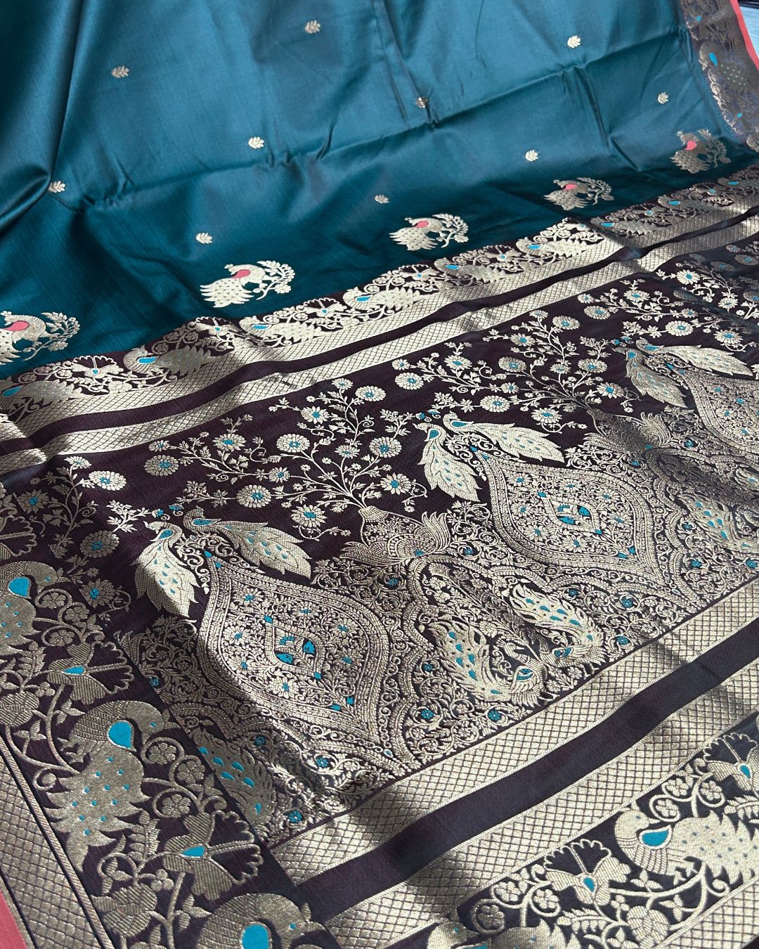 Peacock Green Colour Satin Silk Paithani with Meenakari Peacock Butti
