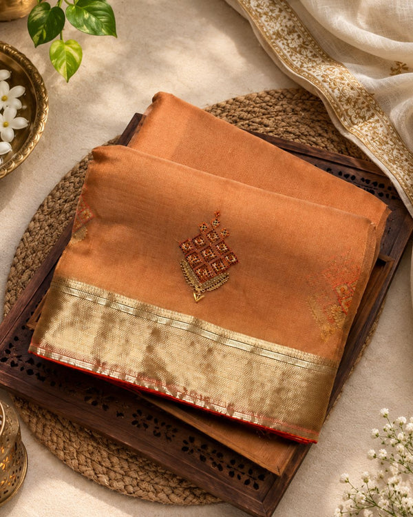 Orange Colour Organza Silk Saree with Golden Zari Border