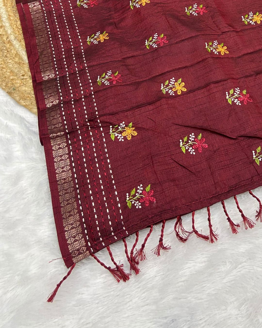 Maroon Colour Katha Work Cotton Saree