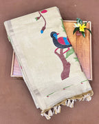 Cream Golden Colour  Thread work Cotton Saree