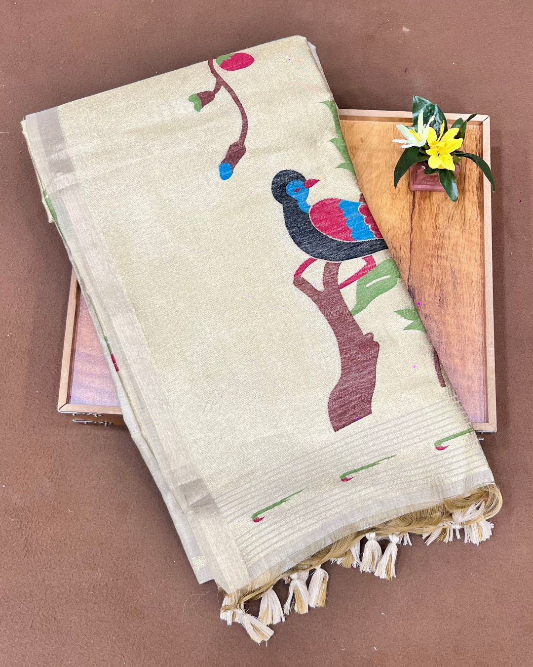 Cream Golden Colour  Thread work Cotton Saree