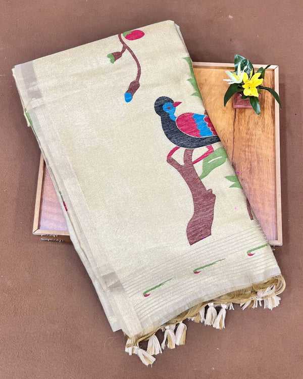 Cream Golden Colour  Thread work Cotton Saree