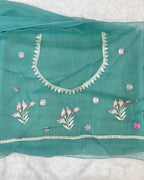 Teal Green Colour Crunchy Silk Thread Work Saree