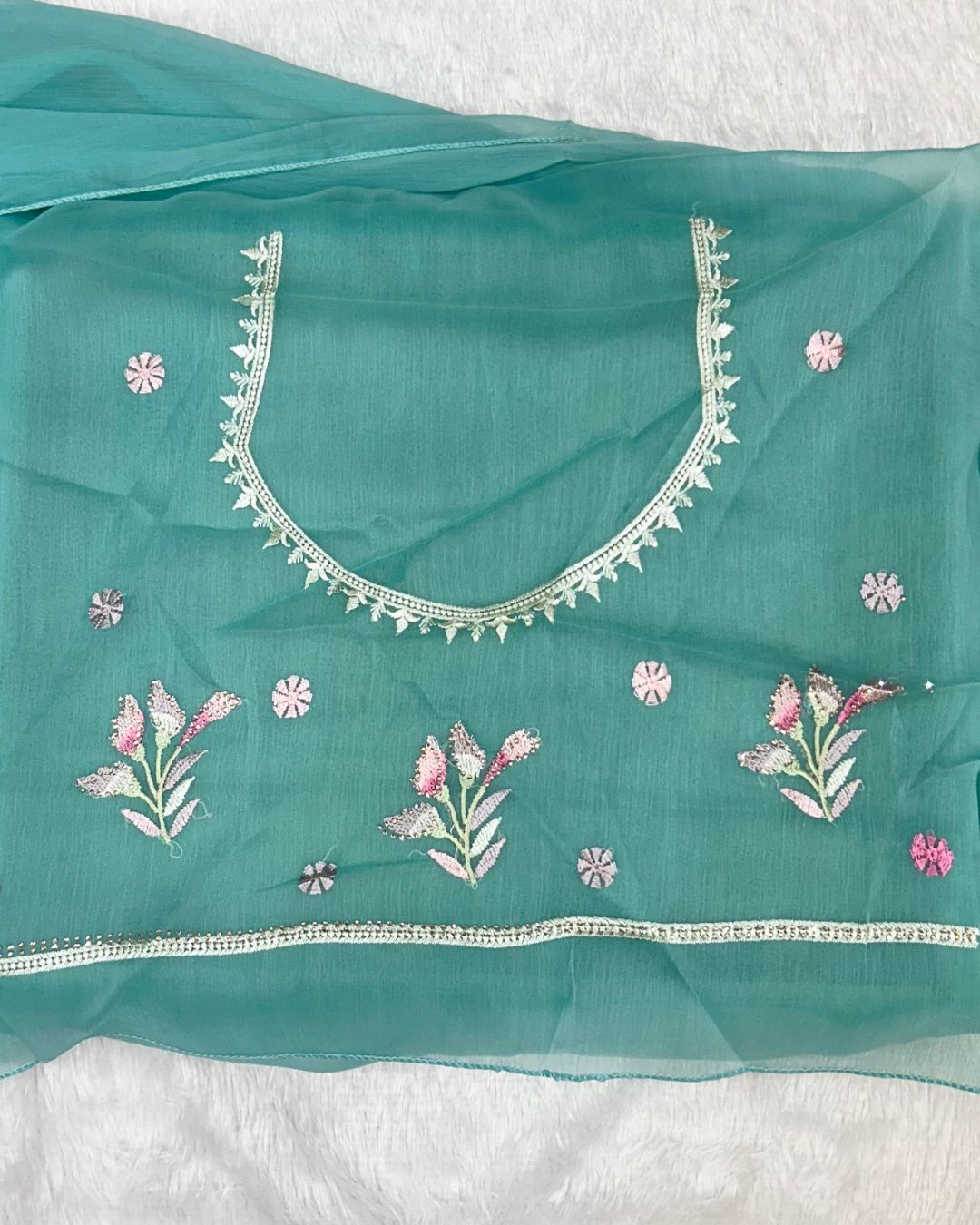Teal Green Colour Crunchy Silk Thread Work Saree