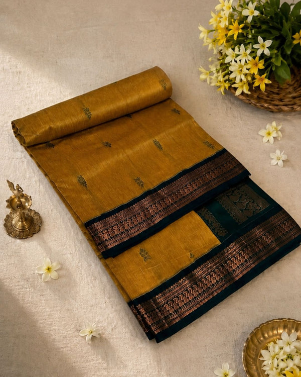 Mustard Yellow Colour Gadwal Cotton Silk Saree