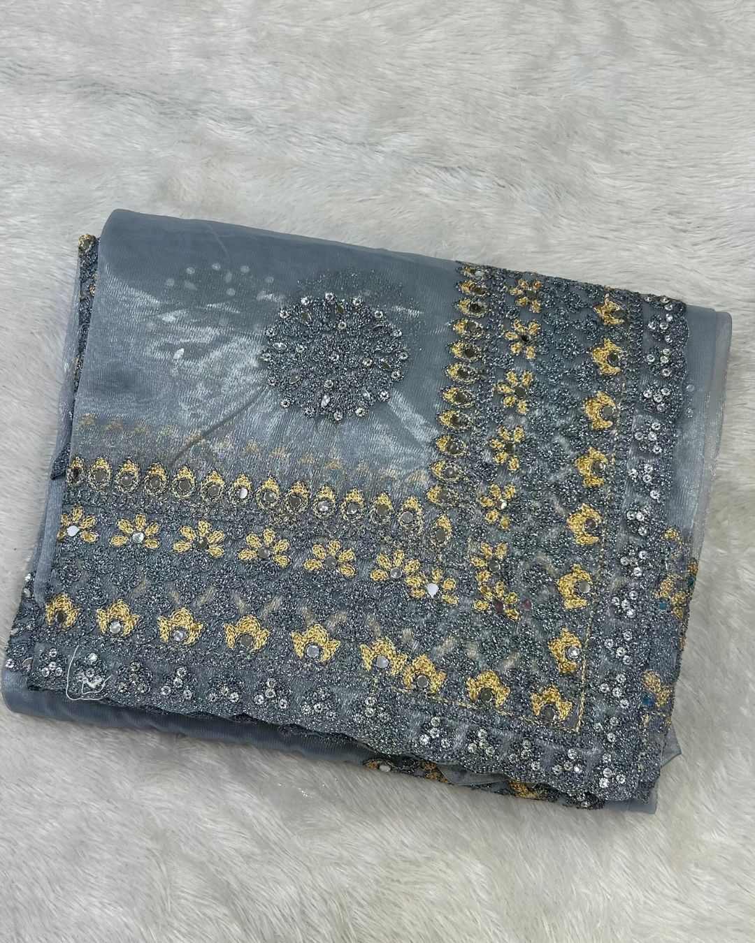Grey Colour Twill Net Mirror Work Saree