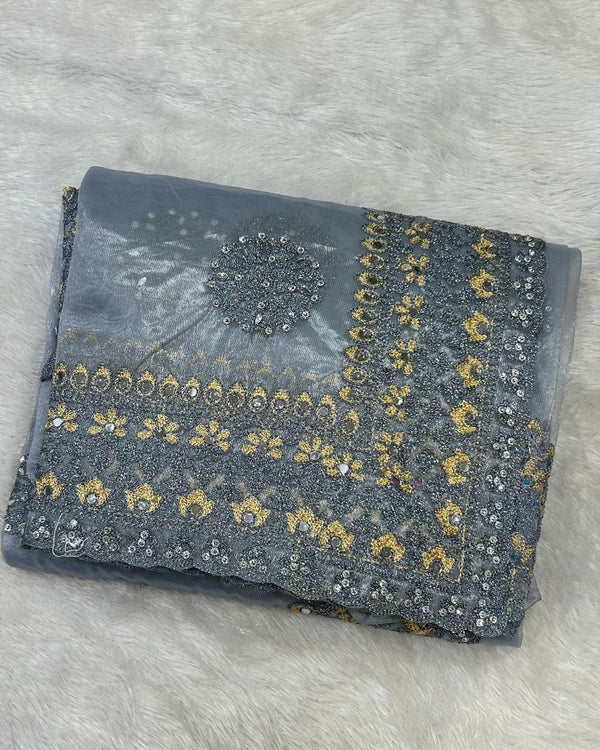 Grey Colour Twill Net Mirror Work Saree