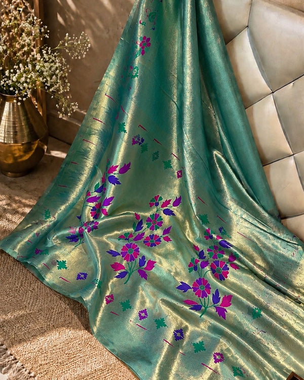 Teal Green Colour Shimmer Bamboo Tissue Silk Saree