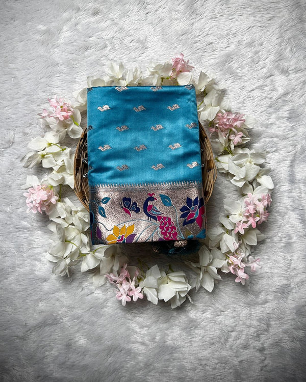 Teal blue Colour Soft Satin Silk Peacock Butti Saree