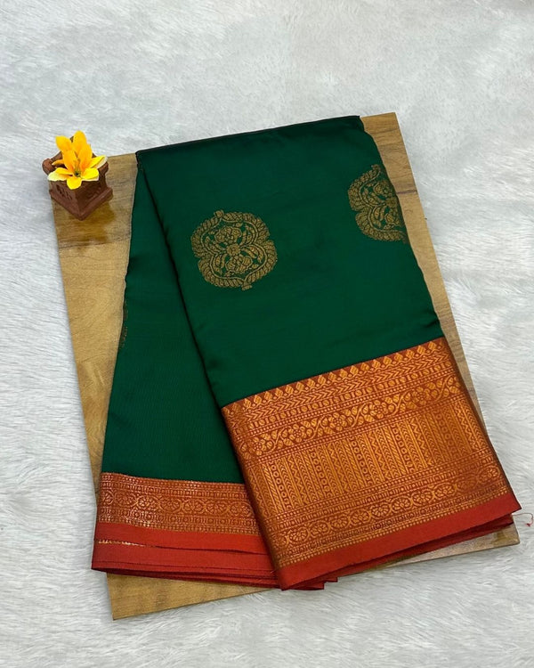Dark Green Colour Semi Silk Saree