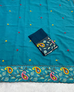 Dark Teal Green Colour Shimmer Georgette Thread Work Saree