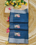 Petrol Blue Colour Jute Cotton Saree