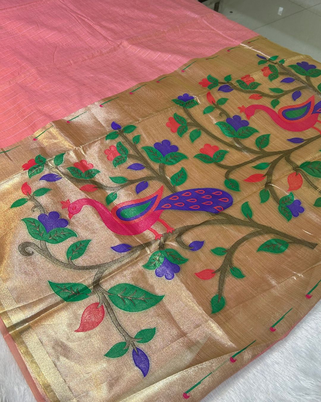 Peach Colour Cotton Jamdani Saree with Sequin Work