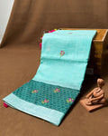 Light Teal Green  Colour Cotton Floral Embroidery Saree